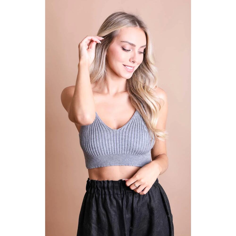 Leto Rib Knit Lounge Brami Crop Top Womens XS/S Grey Sleeveless New